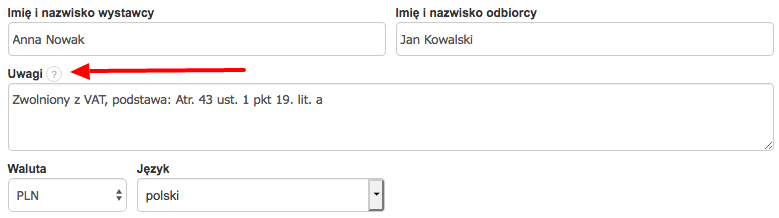 pole uwagi na fakturze