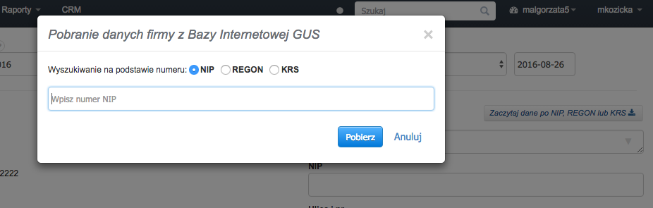 pobranie danych firmy z GUS