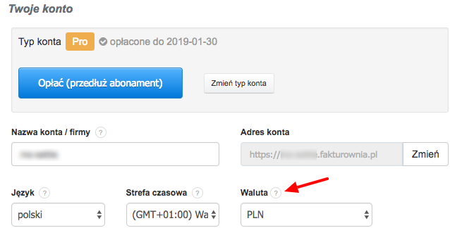 funka faktury waluta konta