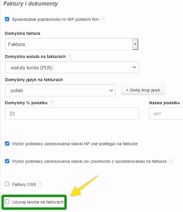 Ustawienia Faktury i dokumenty w Fakturowni z zaznaczoną opcją Używaj skonta na fakturach