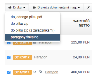 możliwość grupowego wydruku paragonów fiskalnych
