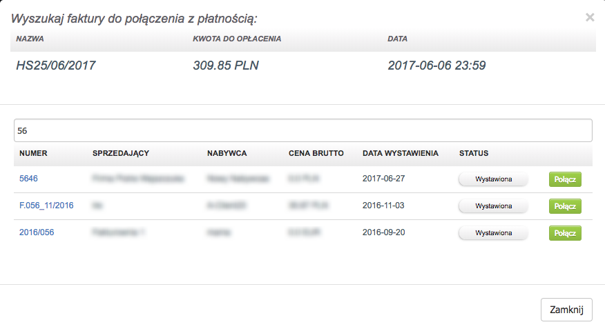Interfejs łączenia faktur i płatności