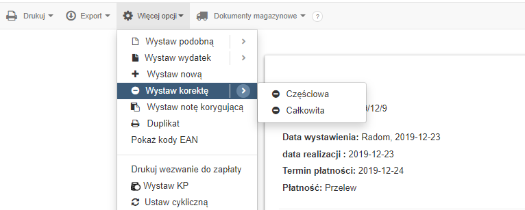 funkcja korekta częściowa całkowita faktury