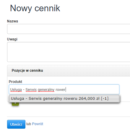 Dodanie usług do cenników