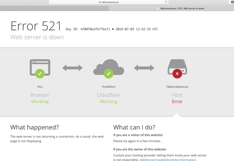 Komunikat przeglądarki Error 521 Web server is down dla domeny fakturownia.eu