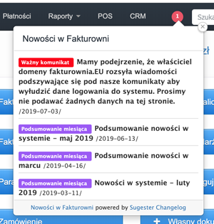 Okno komunikatów w Fakturowni z ostrzeżeniem o fałszywej domenie