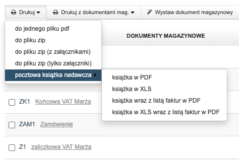 dokumenty magazynowe pocztowa książka nadawcza