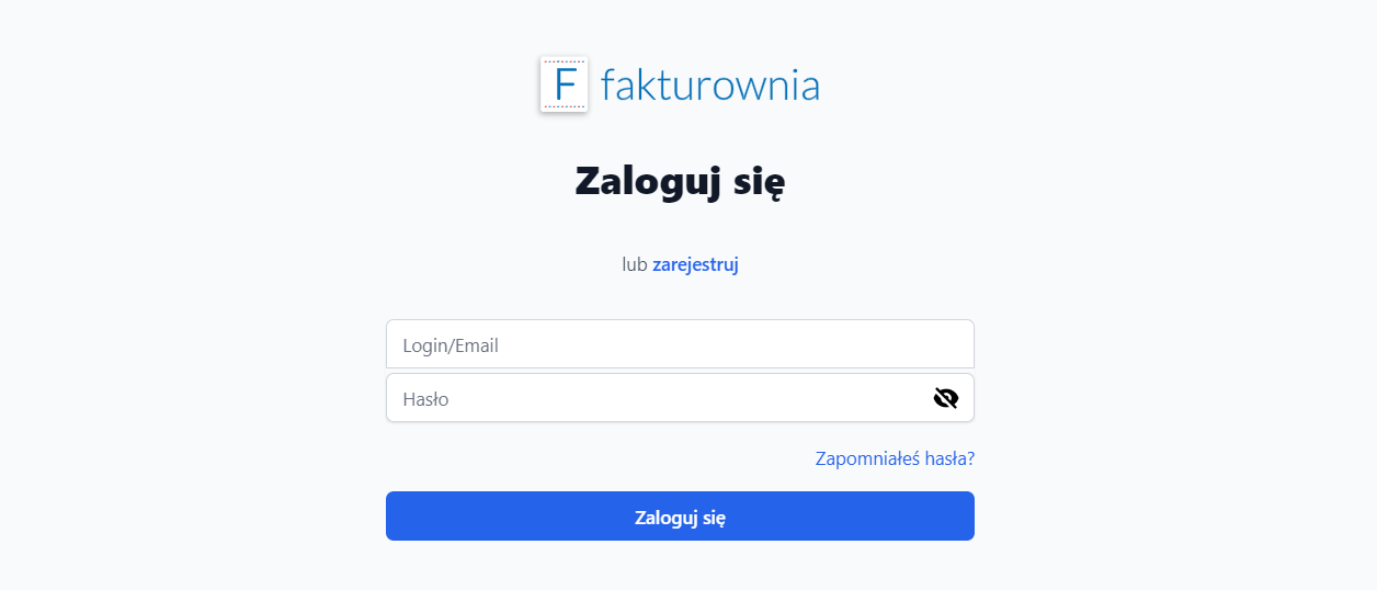Formularz logowania do Fakturowni z polami Login/Email i Hasło