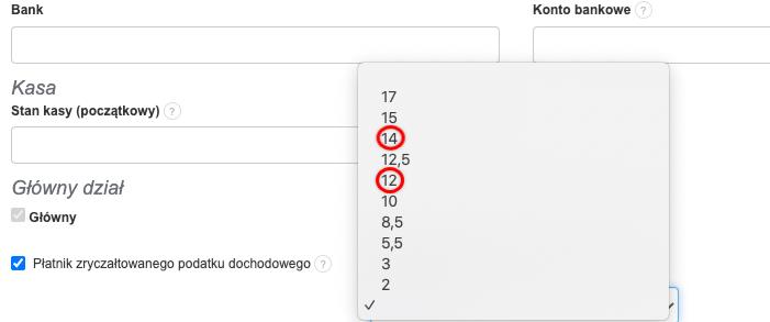 Lista stawek ryczałtu w ustawieniach firmy w Fakturowni z zaznaczonymi stawkami 14% i 12%