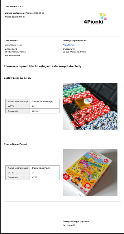 oferta cenowa funkcja fakturownia.pl przykład