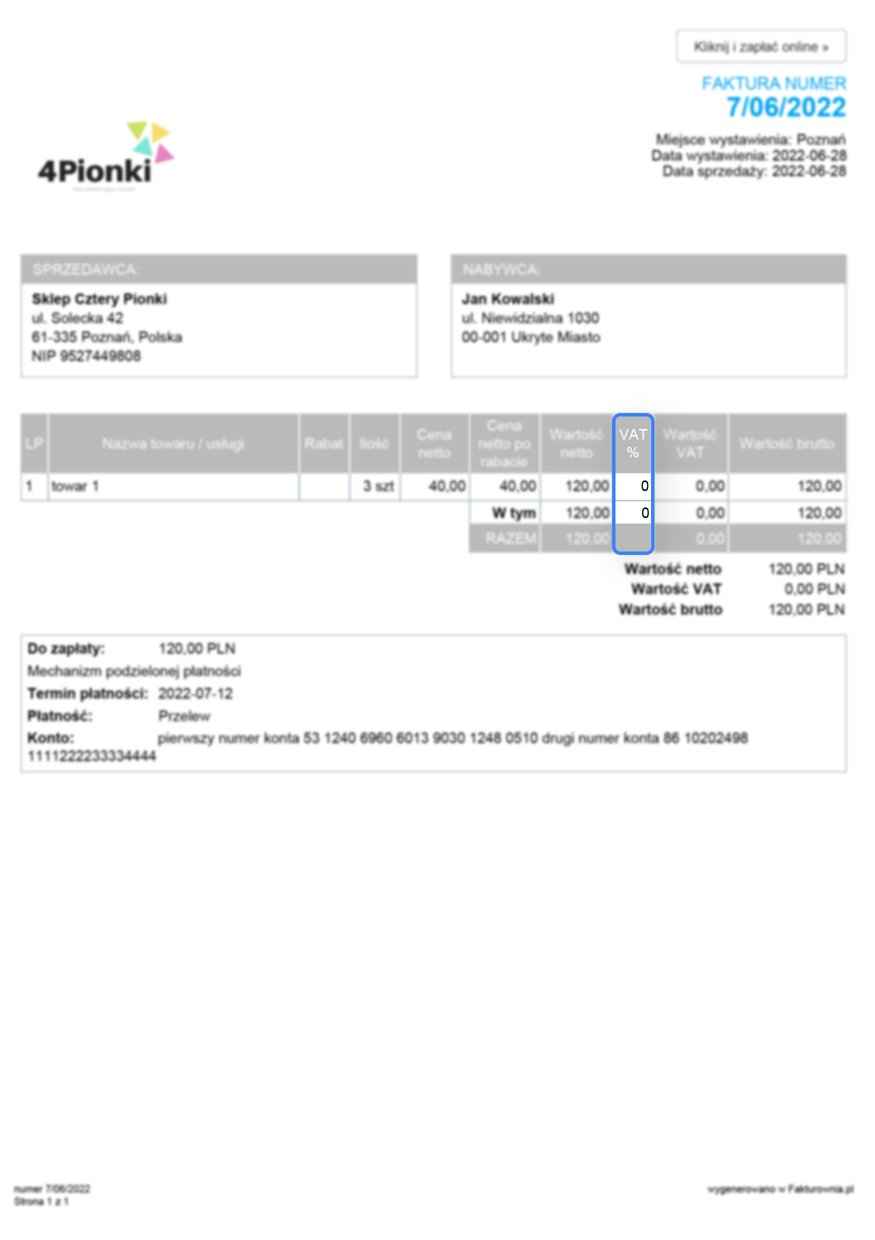 faktura vat 0%