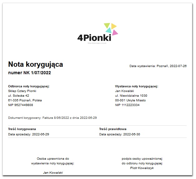 nota korygująca do faktury