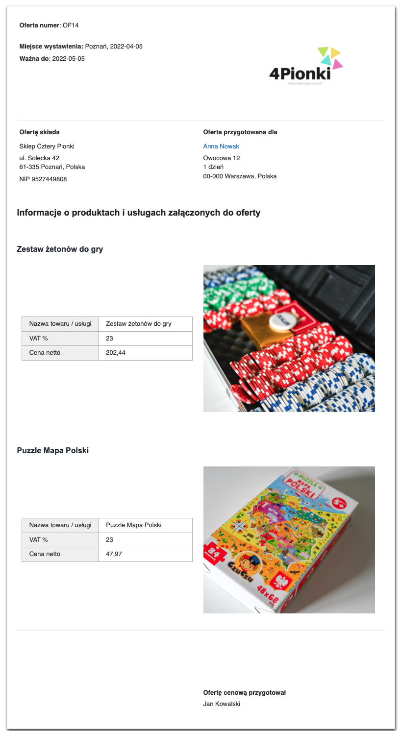 Oferta cenowa - test opisu oferta cenowa handlowa