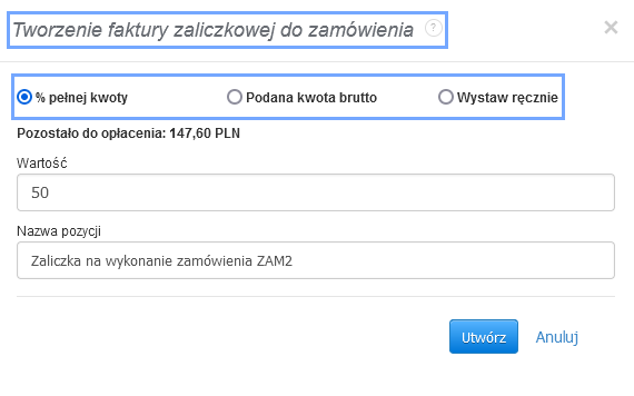 faktura zaliczkowa do zamóiwenia