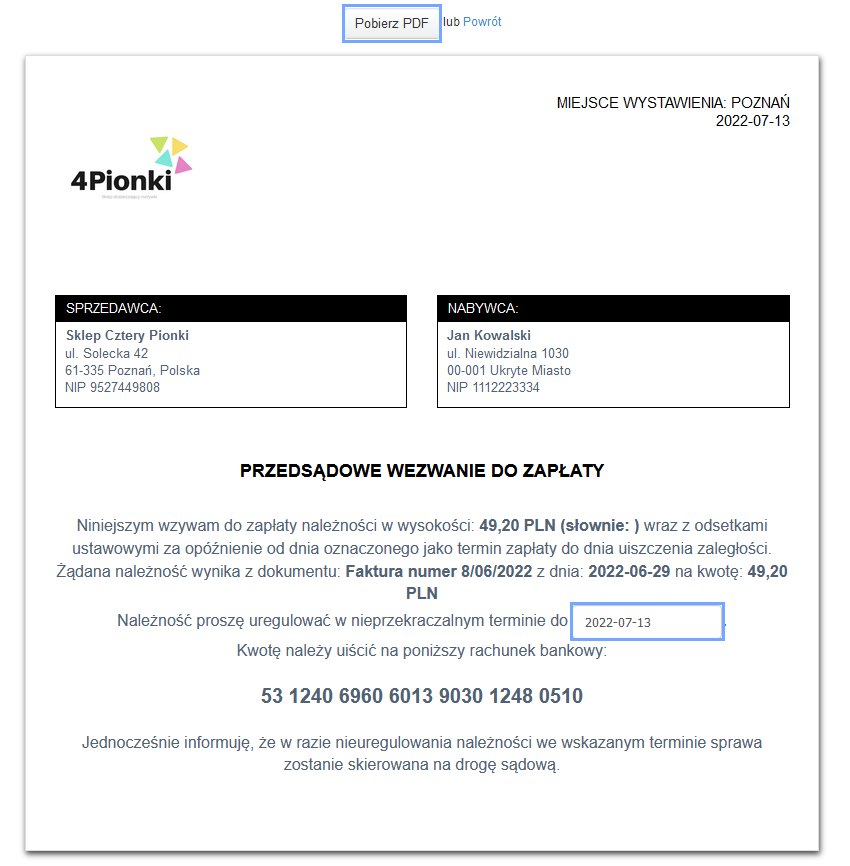 przedsądowe wezwanie do zapłaty