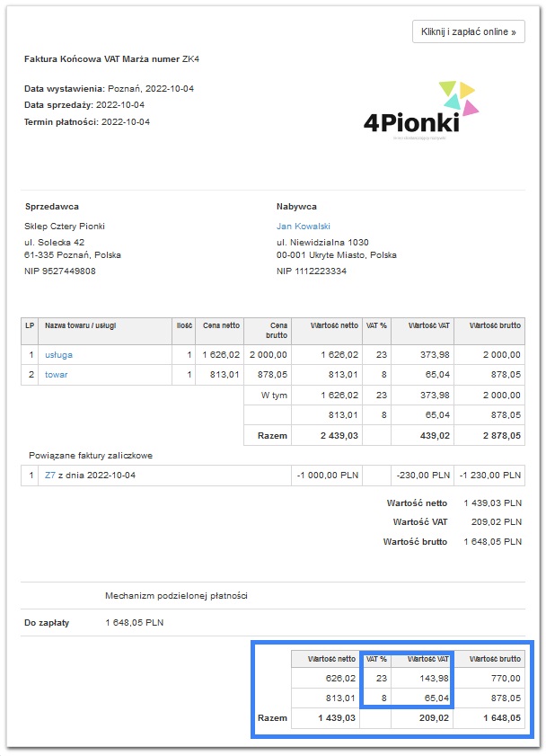 faktura końcowa