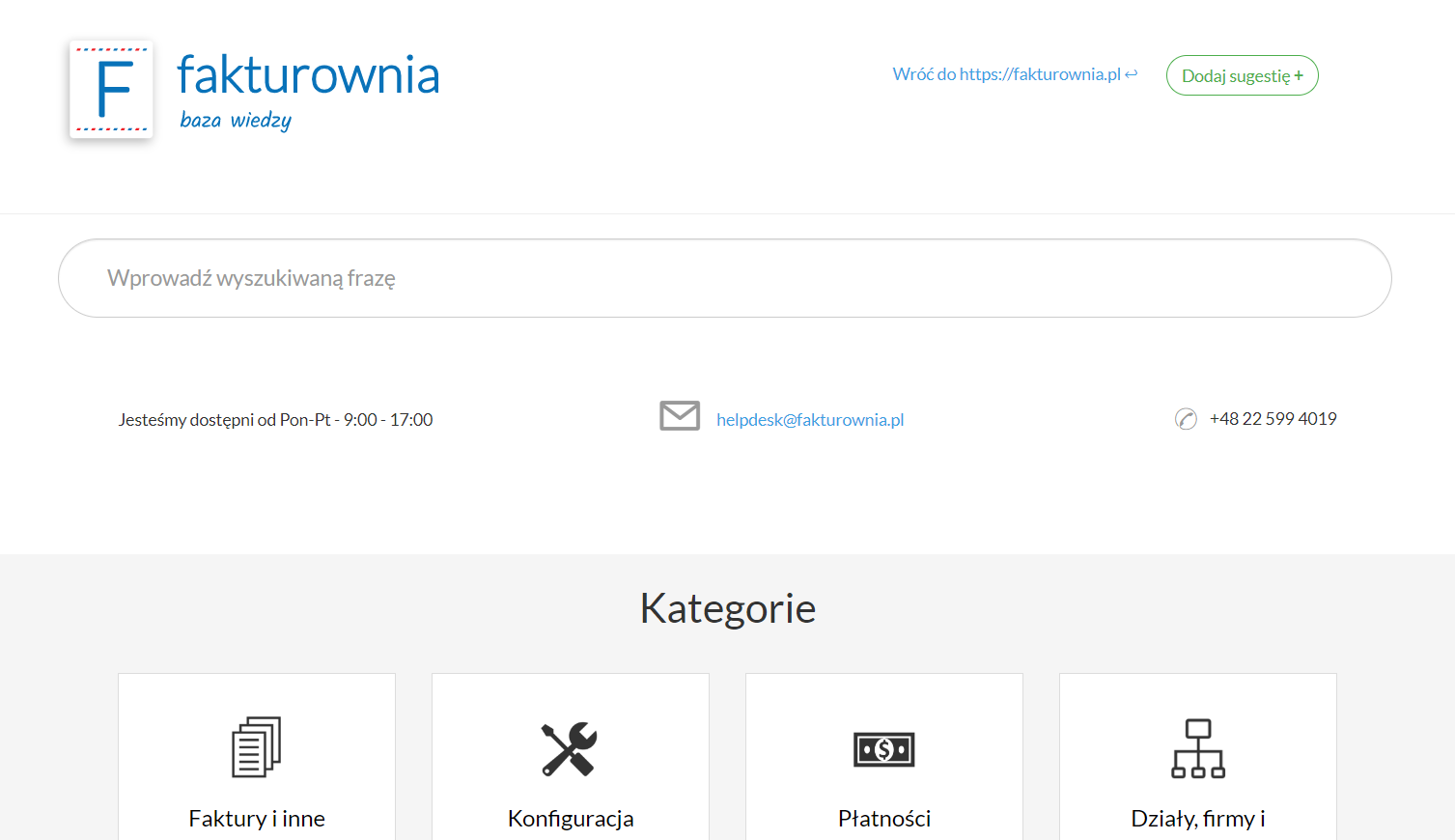 Strona główna Bazy Wiedzy Fakturowni z wyszukiwarką, kontaktem i kategoriami