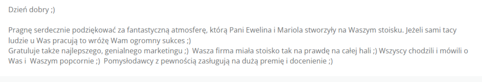 Wiadomość e-mail z podziękowaniem za stoisko targowe