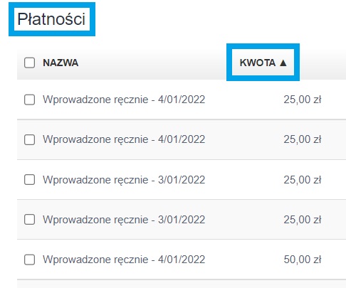 Lista Płatności w Fakturowni z sortowaniem po kolumnie Kwota