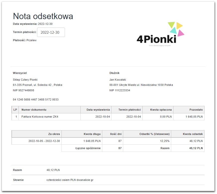 nota odsetkowa fakturownia