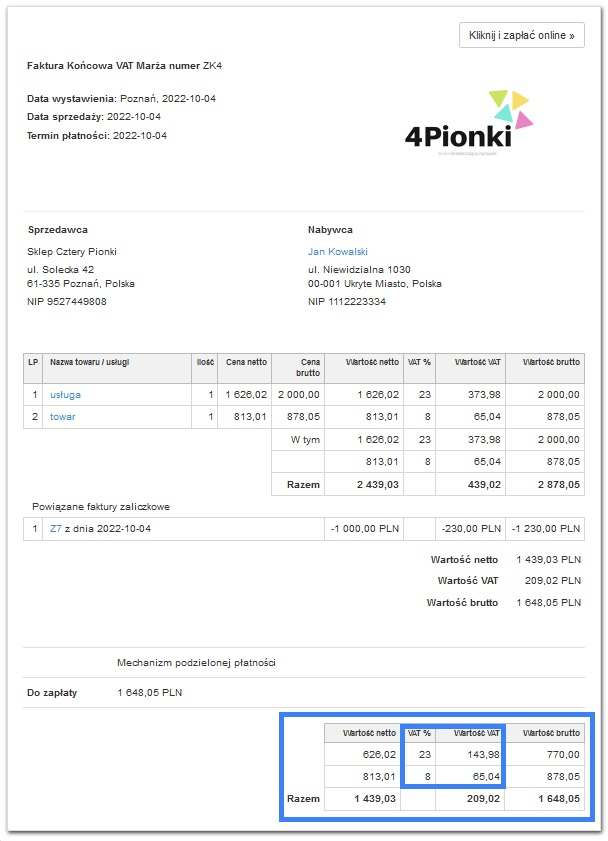 faktura końcowa