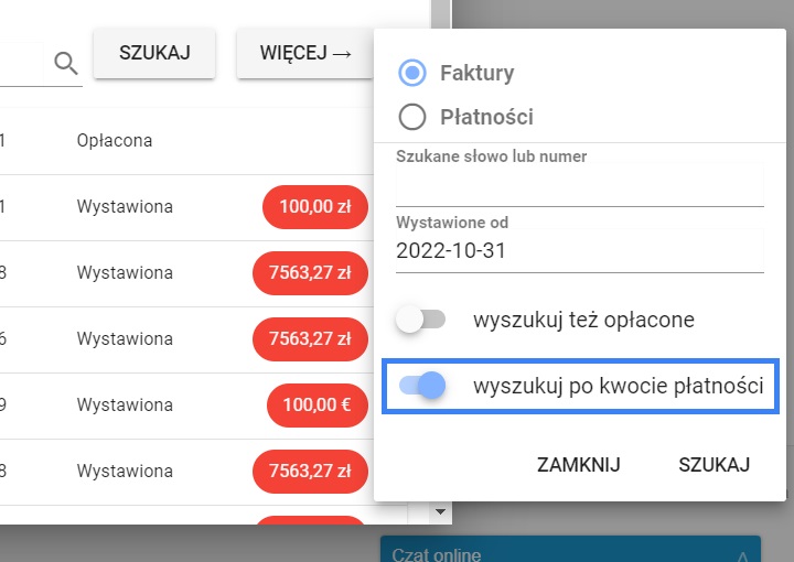 wyszukaj po kwocie płatności