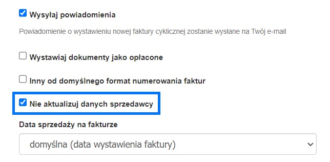 nie aktualizuj danych sprzedawcy