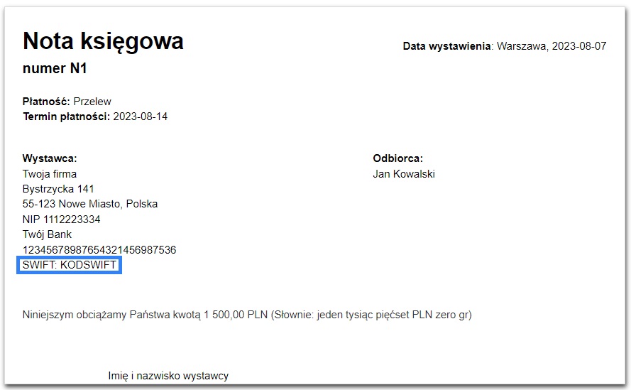 kod swift na nocie księgowej