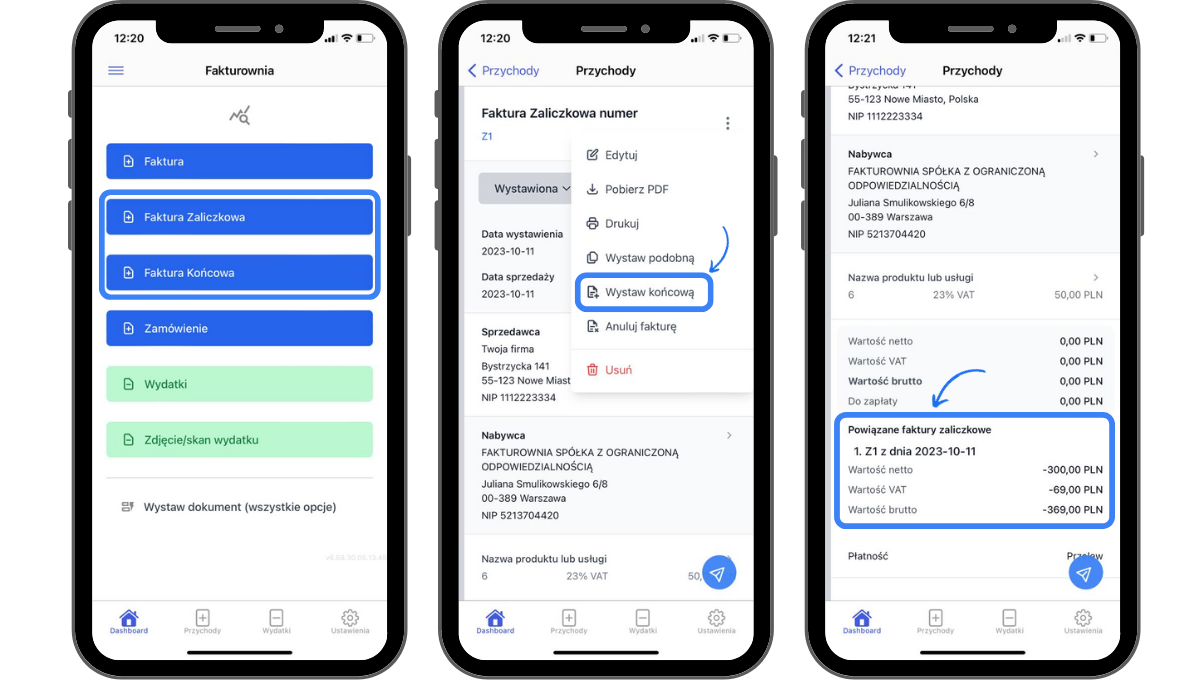 faktura zaliczkowa i końcowa mobile