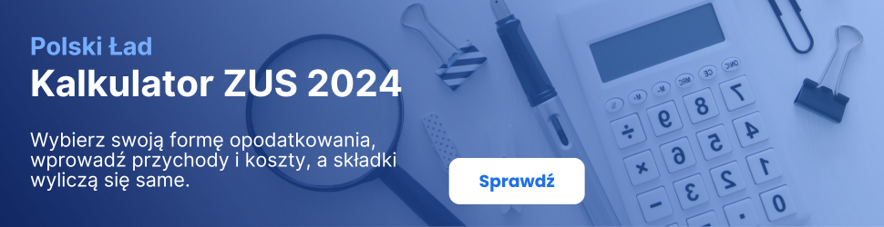 Baner kalkulatora ZUS 2024 Fakturowni z kalkulatorem i lupą