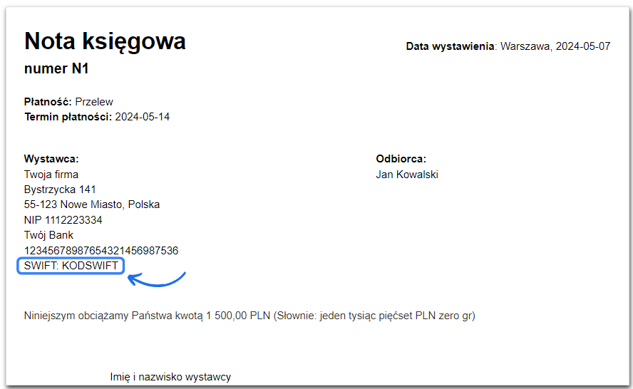 nota księgowa - kod swift