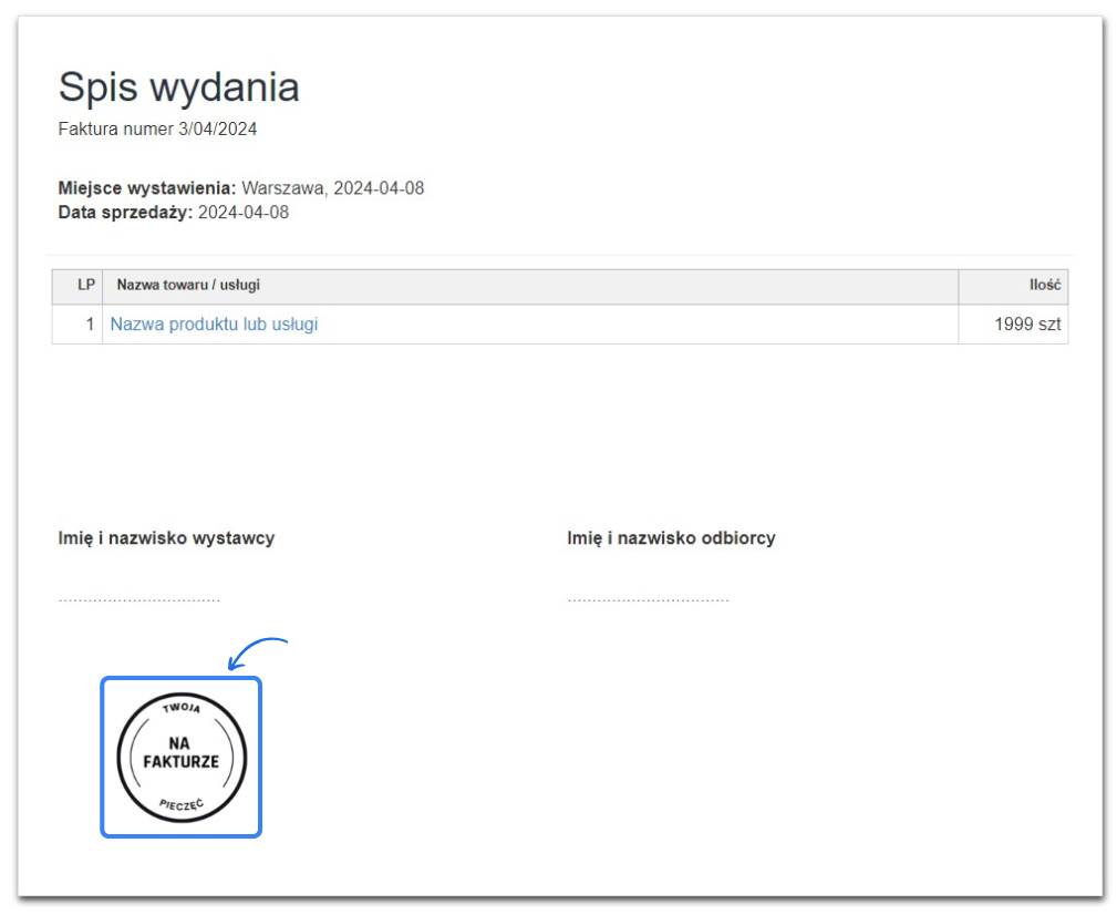 spis wydania - pieczęć sprzedawcy