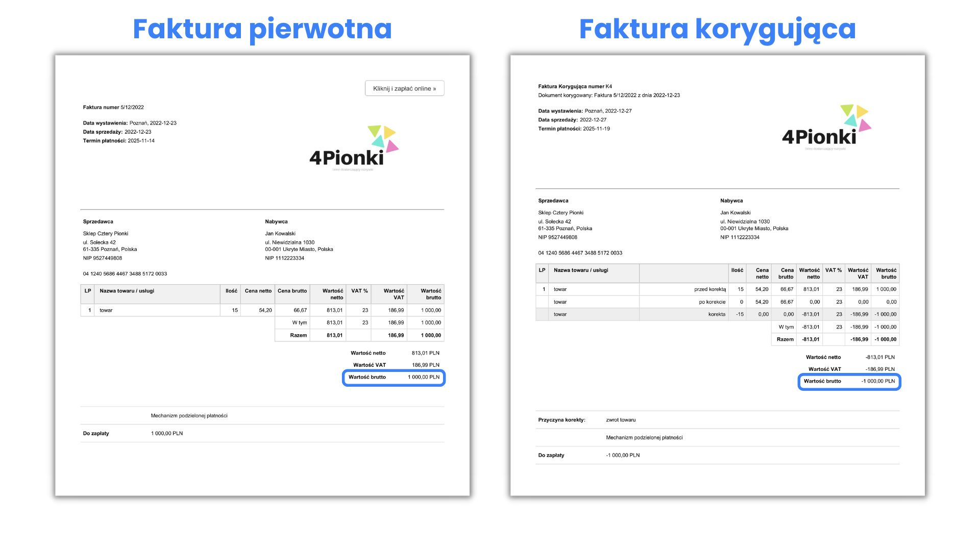 faktura korekta do faktury pierwotnej