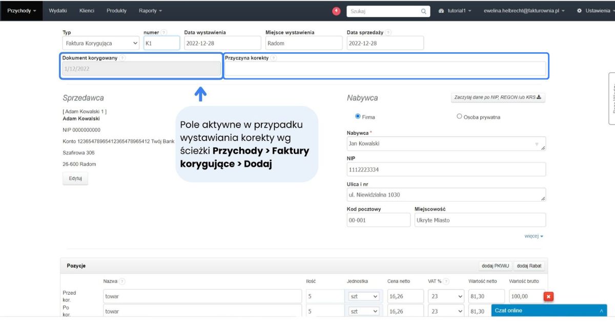 formularz, przyczyna korekty