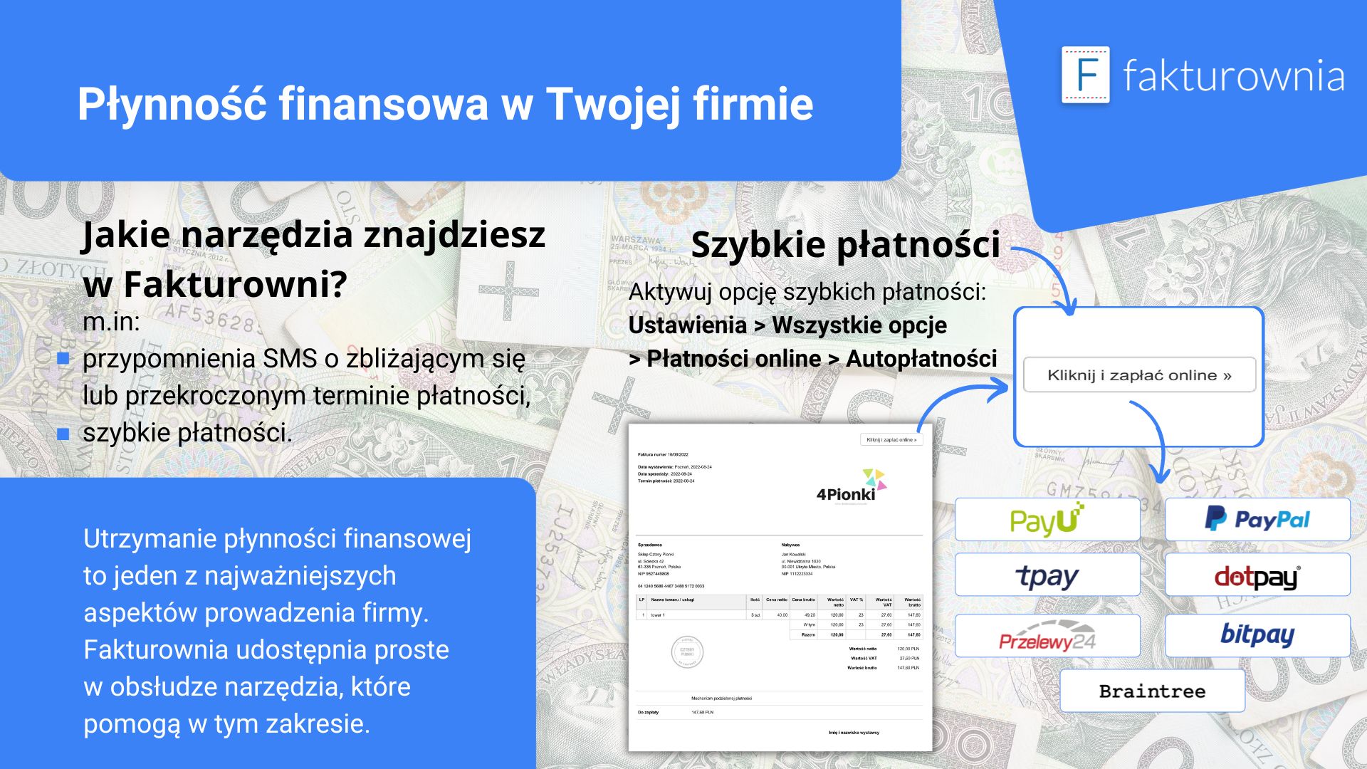 Infografika o płynności finansowej z opcją szybkich płatności w Fakturowni i logotypami operatorów płatności