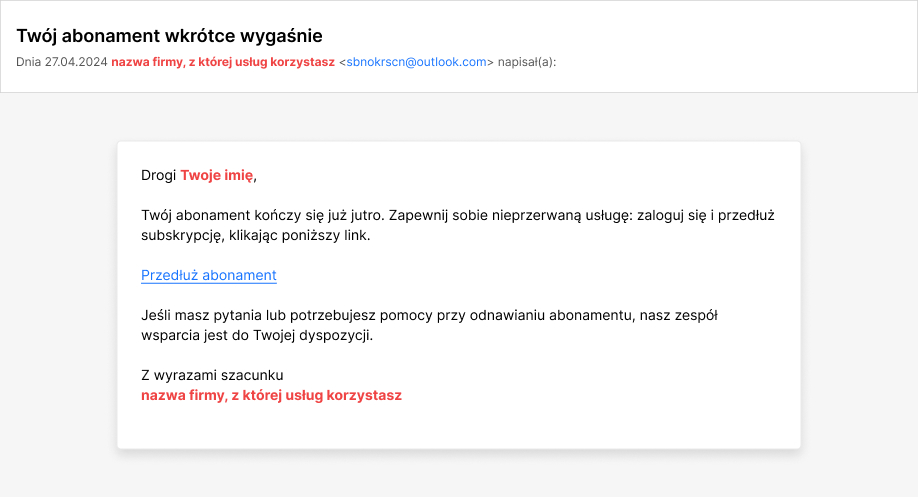 Przykład phishingowego e-maila o wygasającym abonamencie z linkiem do przedłużenia