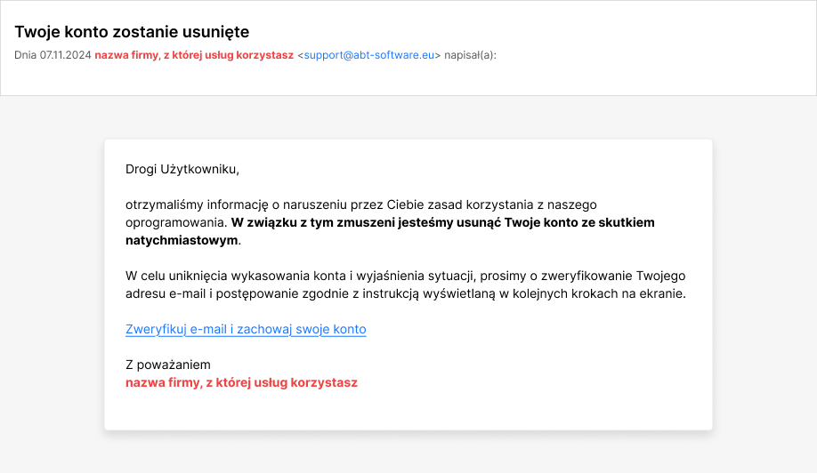 Przykład phishingowego e-maila o usunięciu konta z linkiem weryfikacyjnym