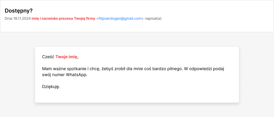 Przykład phishingowego e-maila z prośbą o podanie numeru WhatsApp