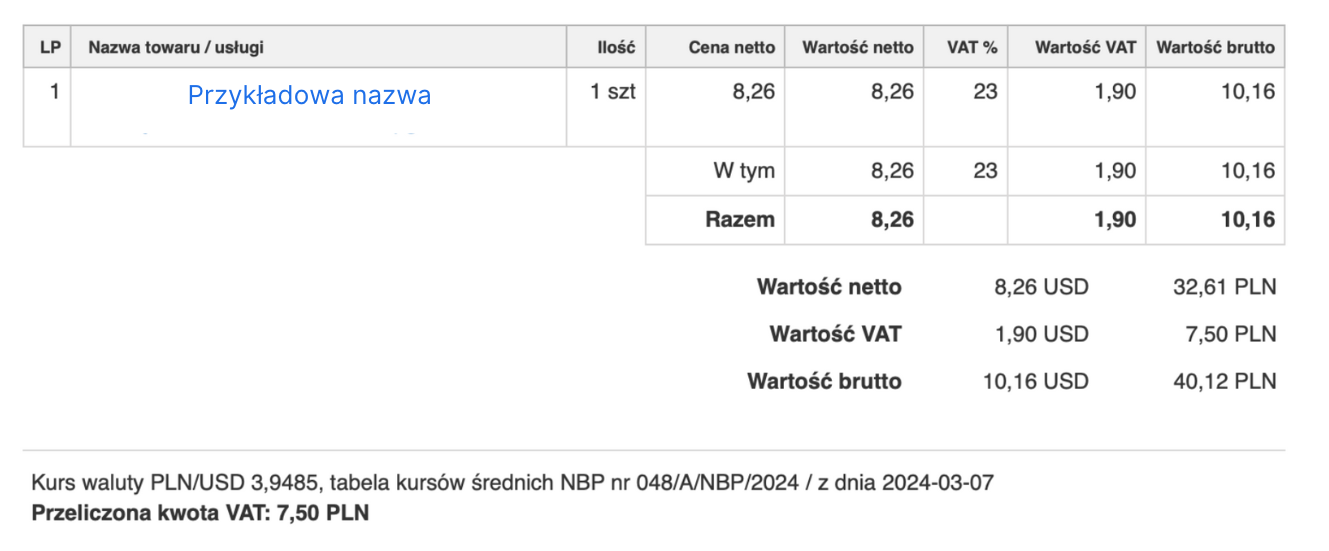 Pozycje faktury w USD z przeliczeniem VAT na złote według kursu NBP