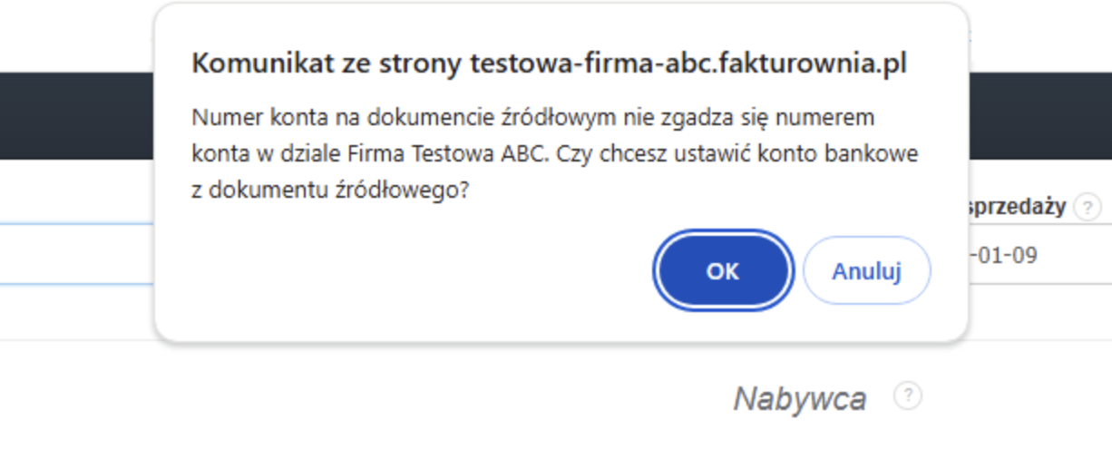 Okno dialogowe o niezgodności numeru konta na dokumencie źródłowym z przyciskami OK i Anuluj