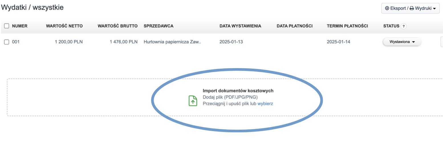 Lista Wydatki w Fakturowni z zaznaczonym polem importu dokumentów kosztowych