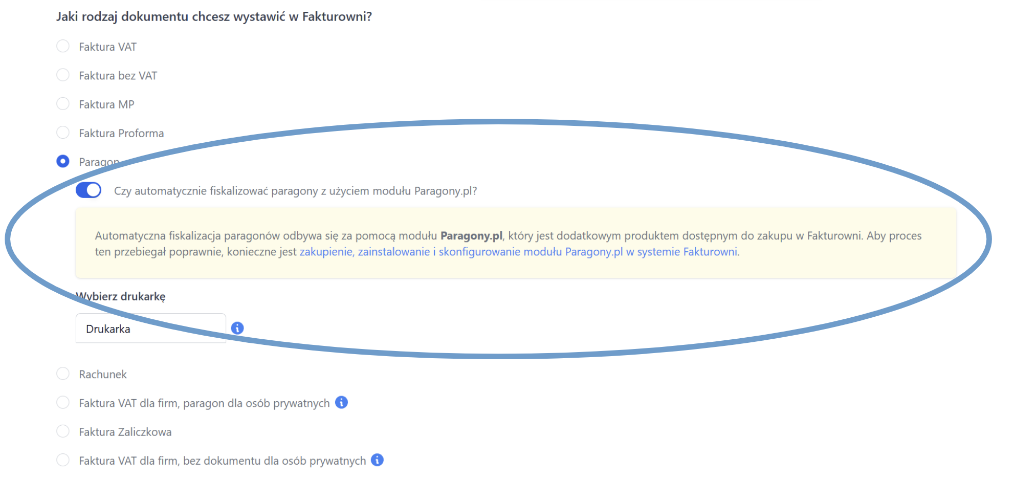 Wybór rodzaju dokumentu w Fakturowni z zaznaczonym paragonem i automatyczną fiskalizacją Paragony.pl