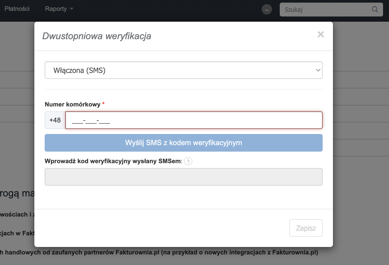 Okno Dwustopniowa weryfikacja w Fakturowni z opcją Włączona SMS