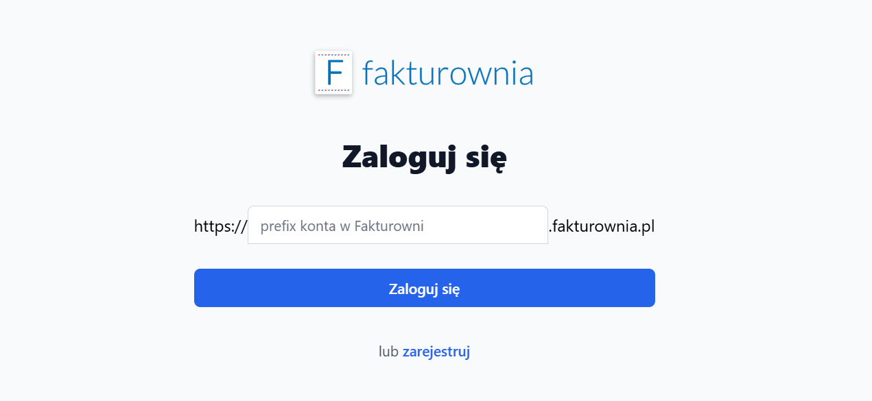 Ekran logowania do Fakturowni z polem prefiksu konta