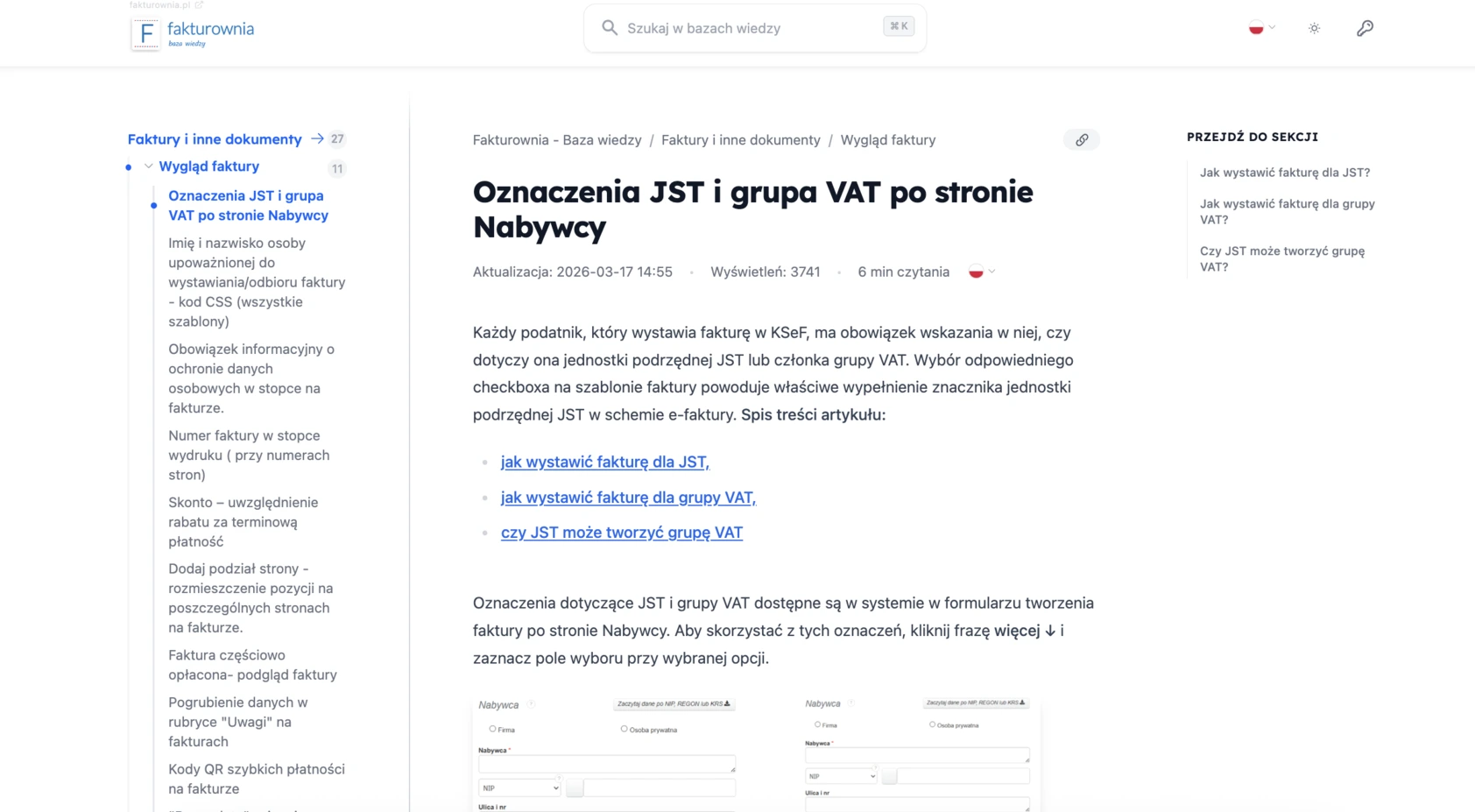 Artykuł w Bazie Wiedzy Fakturowni ze spisem treści i menu bocznym