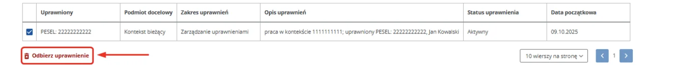 Lista nadanych uprawnień w Aplikacji Podatnika KSeF z przyciskiem Odbierz uprawnienie