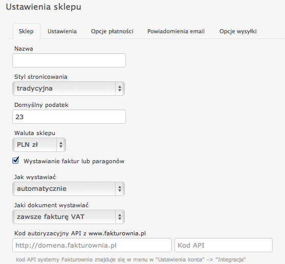 Ustawienia sklepu Siteor z opcjami wystawiania faktur i polem kodu API Fakturowni
