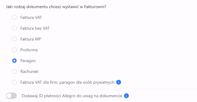 Ustawienia wtyczki integrującej Fakturownię z Allegro z możliwością wyboru typu dokumentu, jaki ma się pojawić w systemie np. faktura VAT, proforma, paragon.