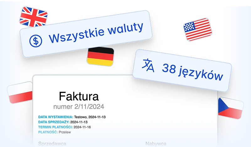 Faktura z flagami Wielkiej Brytanii, USA, Niemiec i Czech oraz napisami Wszystkie waluty i 38 języków