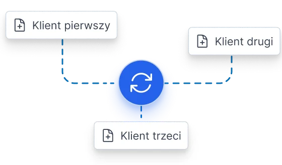 Schemat trzech klientów połączonych ikoną synchronizacji